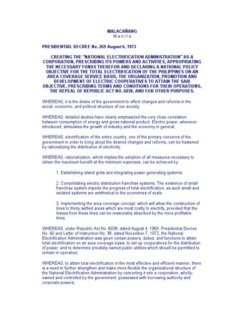 pd 269 as amended by ra 10531|Solons seek to amend PD 269 creating the National Electrification .